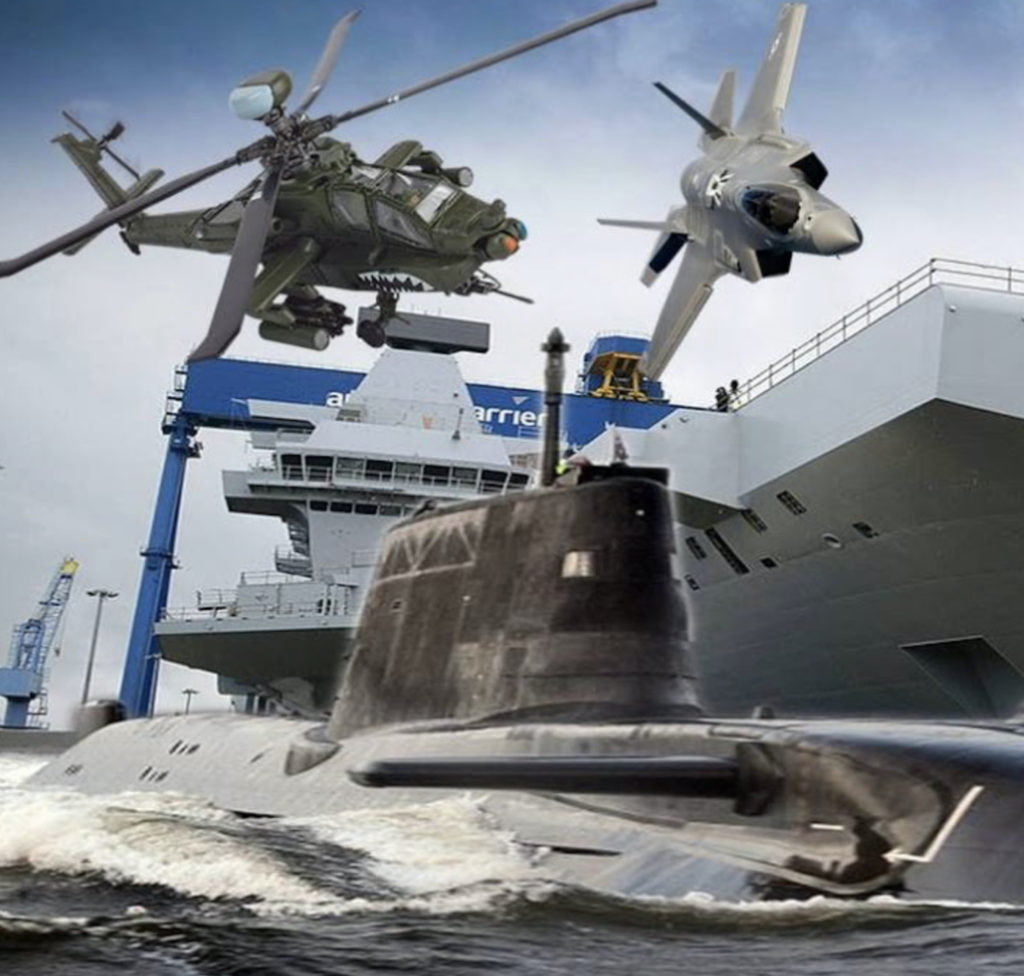 A ship, a submarine, and two helicopters