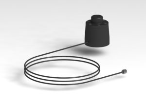 A black wire with a plastic cap and a metal cable.