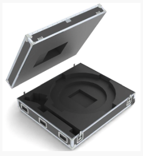 A black case with an open lid.