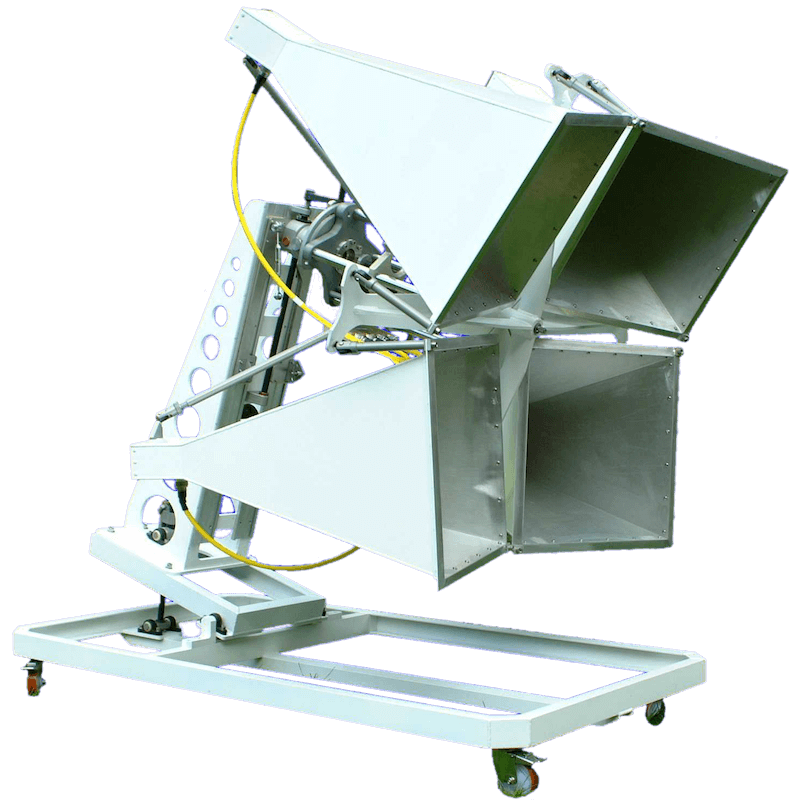 A white machine with a metal basket on it, fitted with radio frequency antennas.